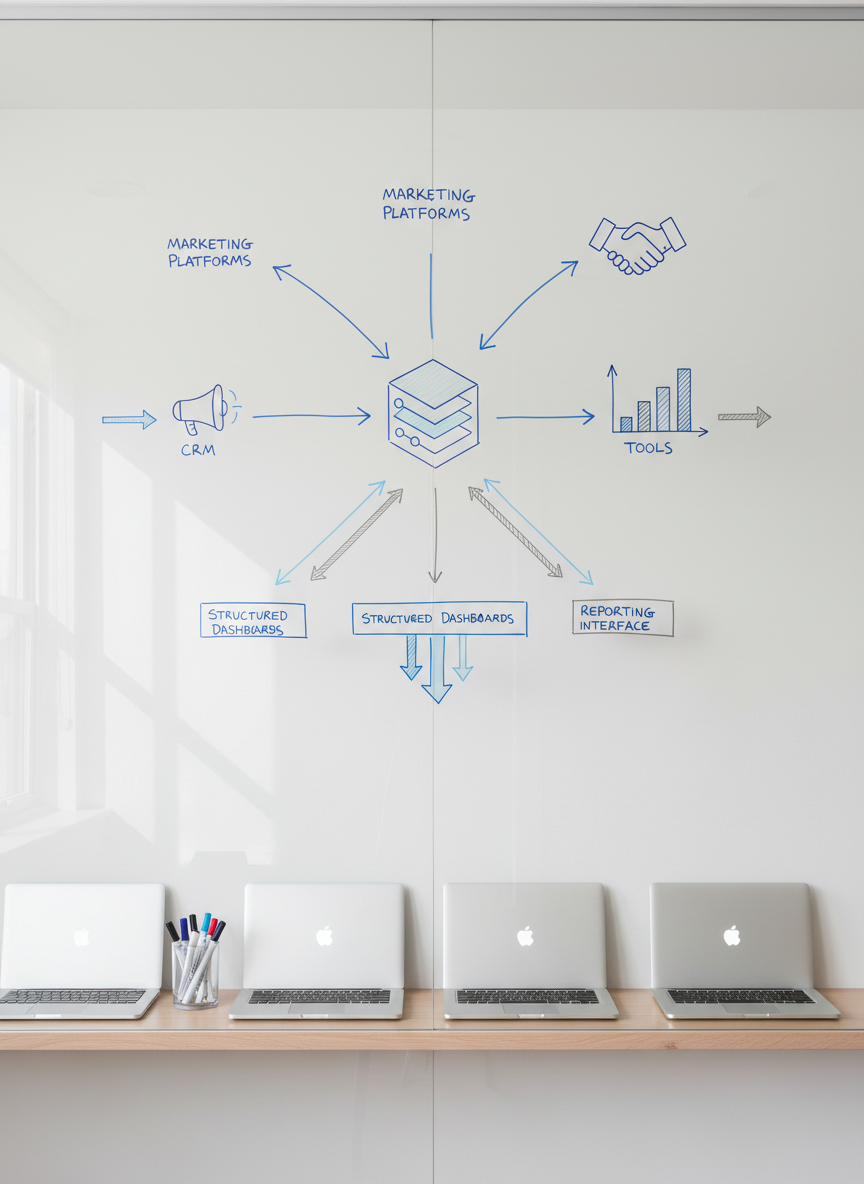 A clean, whiteboard-style glass wall filled with precisely drawn business intelligence diagrams, including a central data warehouse icon connected to marketing platforms, CRM, and analytics tools, all rendered in crisp blue and gray marker lines. Color-coded arrows and neatly labeled nodes show the flow of data into structured dashboards. Below, a slim, light-wood shelf holds an orderly row of closed laptops and a transparent container of fine-tipped markers. Natural daylight from an unseen window washes across the glass surface, creating soft reflections and translucent shadows of the diagrams on the wall behind. Photographic realism with a bright, strategic atmosphere, captured straight-on with sharp focus throughout, highlighting the clarity and structure of a modern BI architecture for marketing and business analytics.
