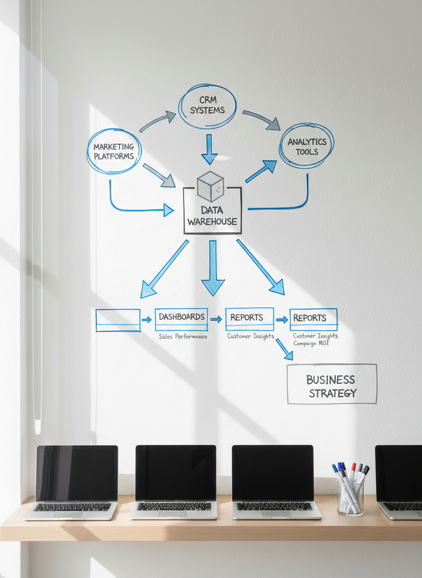 A clean, whiteboard-style glass wall filled with precisely drawn business intelligence diagrams, including a central data warehouse icon connected to marketing platforms, CRM, and analytics tools, all rendered in crisp blue and gray marker lines. Color-coded arrows and neatly labeled nodes show the flow of data into structured dashboards. Below, a slim, light-wood shelf holds an orderly row of closed laptops and a transparent container of fine-tipped markers. Natural daylight from an unseen window washes across the glass surface, creating soft reflections and translucent shadows of the diagrams on the wall behind. Photographic realism with a bright, strategic atmosphere, captured straight-on with sharp focus throughout, highlighting the clarity and structure of a modern BI architecture for marketing and business analytics.