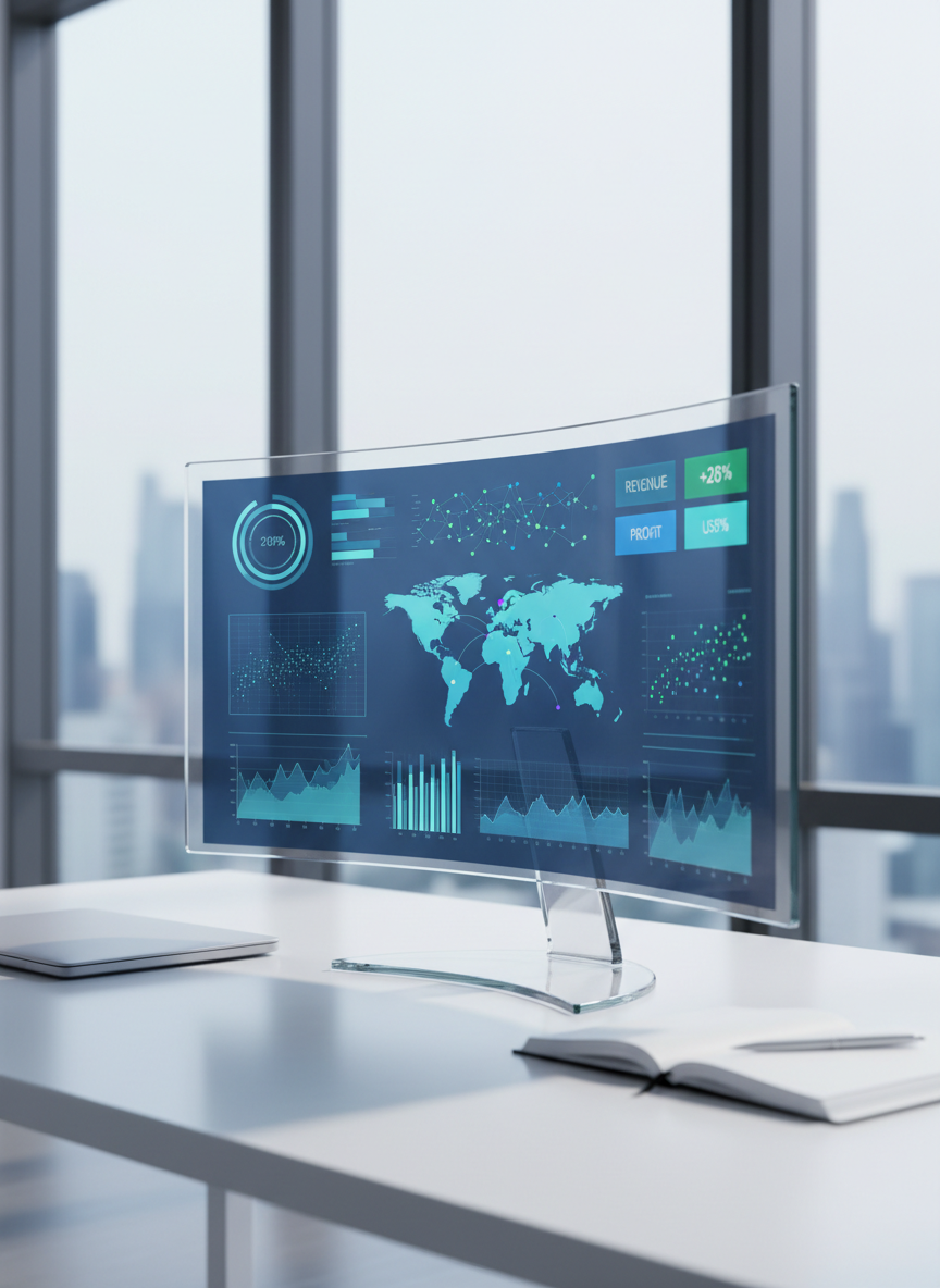 A sleek glass dashboard monitor displaying an intricate business intelligence interface, with layered charts, color-coded KPIs, and a central map of global metrics in cool blues and teals. The screen rests on a clean, matte white desk beside a closed silver laptop and a minimalist notebook. The environment is a modern, uncluttered office with large floor-to-ceiling windows revealing an abstract city skyline in soft focus. Cool, diffused daylight from the windows creates subtle reflections on the glass and gentle shadows on the desk. Photographic realism with a professional, data-driven mood, shot at eye level with a slight three-quarter angle and shallow depth of field so the dashboard remains crystal sharp while the background softly blurs, emphasizing clarity and focus on analytics.