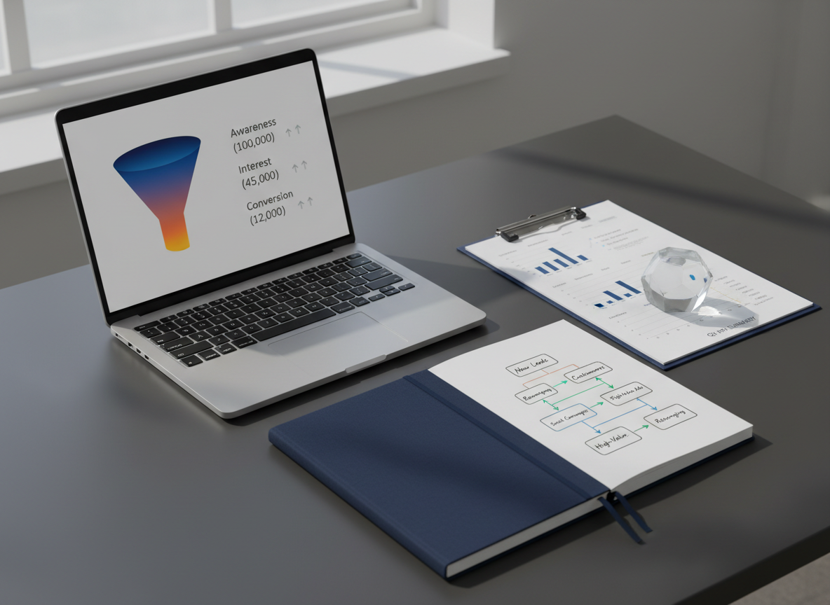 A minimalist, matte charcoal desk featuring a single open silver laptop displaying a marketing funnel optimization dashboard, with a large, gradient funnel chart and key conversion metrics aligned beside it. Next to the laptop, a thick, navy hardcover notebook lies open to a neatly drawn flowchart of customer segments and campaign touchpoints. A small, geometric frosted-glass paperweight anchors a few clipped-together printed KPI summaries. Soft, directional window light from the left creates gentle highlights along the laptop’s metallic edges and thin, precise shadows from the notebook and paperweight. The scene is rendered in photographic realism, with a calm, focused mood, framed in an eye-level, slightly wide composition that leaves negative space around the setup to emphasize organization, strategy, and data-driven marketing clarity.
