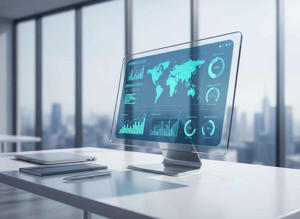 A sleek glass dashboard monitor displaying an intricate business intelligence interface, with layered charts, color-coded KPIs, and a central map of global metrics in cool blues and teals. The screen rests on a clean, matte white desk beside a closed silver laptop and a minimalist notebook. The environment is a modern, uncluttered office with large floor-to-ceiling windows revealing an abstract city skyline in soft focus. Cool, diffused daylight from the windows creates subtle reflections on the glass and gentle shadows on the desk. Photographic realism with a professional, data-driven mood, shot at eye level with a slight three-quarter angle and shallow depth of field so the dashboard remains crystal sharp while the background softly blurs, emphasizing clarity and focus on analytics.