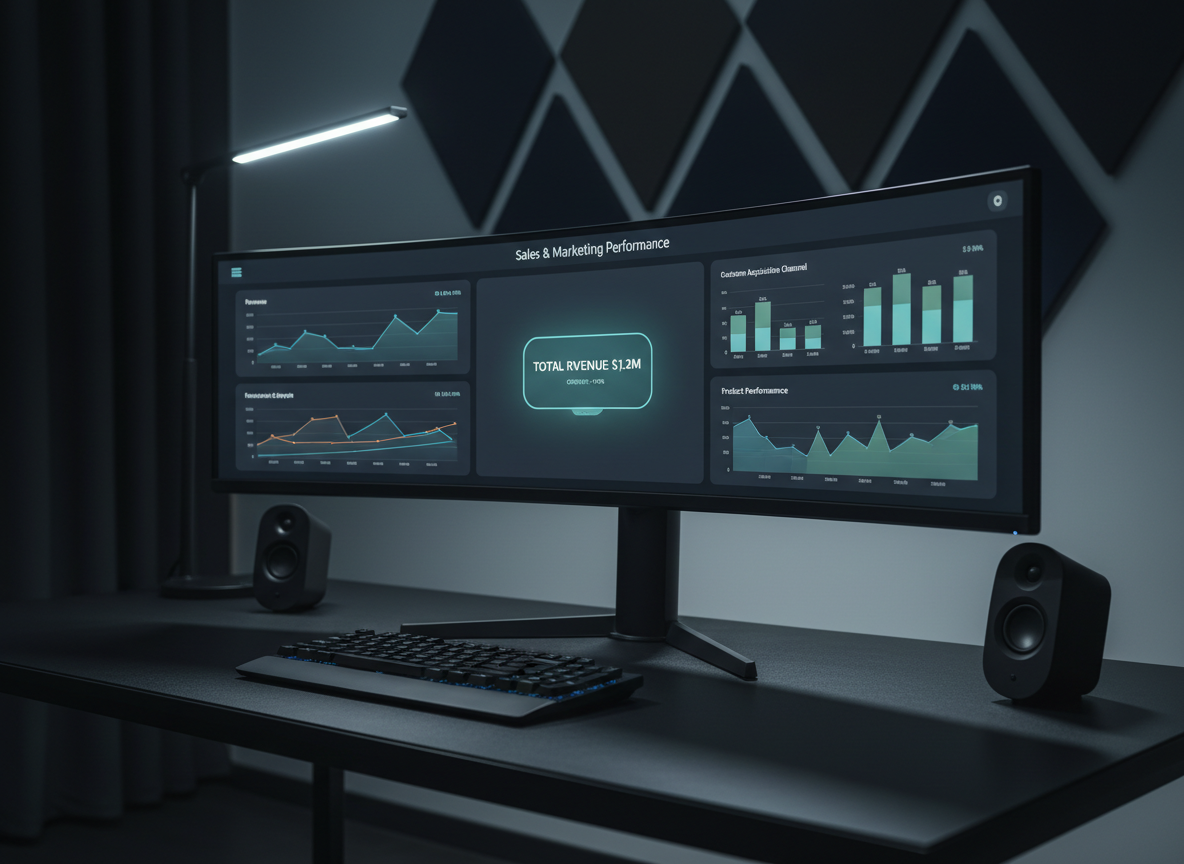 An ultra-wide curved monitor on a matte black desk displaying a sophisticated sales and marketing performance dashboard with multiple panels: a time-series line chart, segmented bar charts, and a central KPI tile glowing subtly in teal. Surrounding the monitor are two minimalist, black wireless speakers and a slim, low-profile keyboard. The background features a dim, modern workspace with geometric acoustic panels in charcoal and navy, softly blurred. Focused, cool-toned LED task lighting illuminates the monitor and desk surface, casting sharp, professional shadows and reflections on the desk. The mood is focused and strategic, in photographic realism, shot from a low, slightly off-center angle to make the dashboard feel immersive and powerful, emphasizing precision in data-driven decision-making.