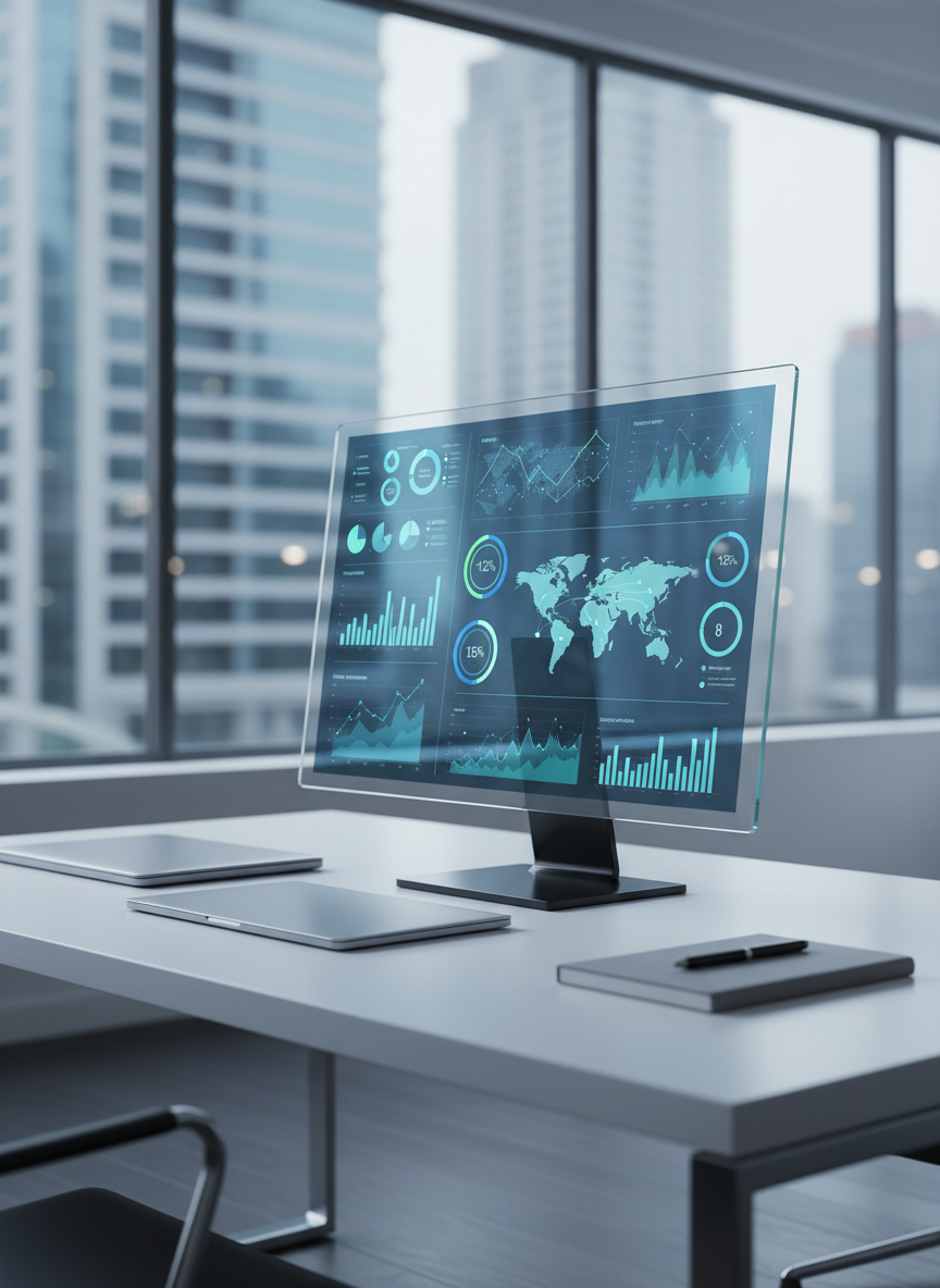 A sleek glass dashboard monitor displaying an intricate business intelligence interface, with layered charts, color-coded KPIs, and a central map of global metrics in cool blues and teals. The screen rests on a clean, matte white desk beside a closed silver laptop and a minimalist notebook. The environment is a modern, uncluttered office with large floor-to-ceiling windows revealing an abstract city skyline in soft focus. Cool, diffused daylight from the windows creates subtle reflections on the glass and gentle shadows on the desk. Photographic realism with a professional, data-driven mood, shot at eye level with a slight three-quarter angle and shallow depth of field so the dashboard remains crystal sharp while the background softly blurs, emphasizing clarity and focus on analytics.