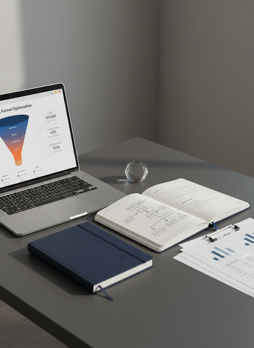 A minimalist, matte charcoal desk featuring a single open silver laptop displaying a marketing funnel optimization dashboard, with a large, gradient funnel chart and key conversion metrics aligned beside it. Next to the laptop, a thick, navy hardcover notebook lies open to a neatly drawn flowchart of customer segments and campaign touchpoints. A small, geometric frosted-glass paperweight anchors a few clipped-together printed KPI summaries. Soft, directional window light from the left creates gentle highlights along the laptop’s metallic edges and thin, precise shadows from the notebook and paperweight. The scene is rendered in photographic realism, with a calm, focused mood, framed in an eye-level, slightly wide composition that leaves negative space around the setup to emphasize organization, strategy, and data-driven marketing clarity.