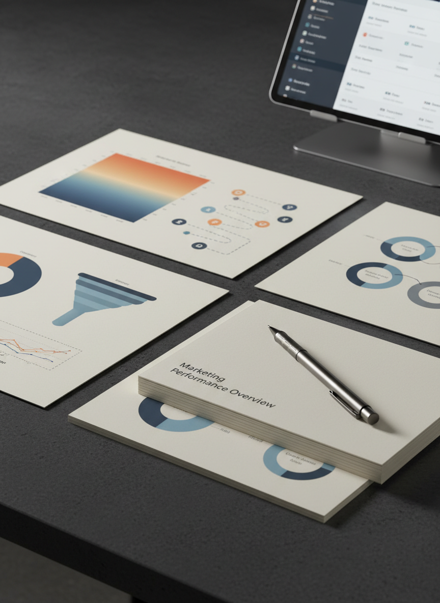 A refined, dark slate tabletop covered with carefully arranged printed analytics reports: heatmaps, funnel charts, customer journey diagrams, and marketing attribution models in muted blues and oranges. A single high-end graphite mechanical pencil lies diagonally across a neatly stacked report labeled “Marketing Performance Overview.” In the background, a slightly out-of-focus, ultra-thin metallic tablet shows a matching digital dashboard. Soft overhead studio lighting and a subtle side light create crisp, professional shadows and delicate highlights along the paper edges and pencil barrel. Photographic realism with a calm, analytical atmosphere, composed using the rule of thirds from a slightly elevated angle, emphasizing the harmony between physical documents and digital insights in a modern BI workflow.