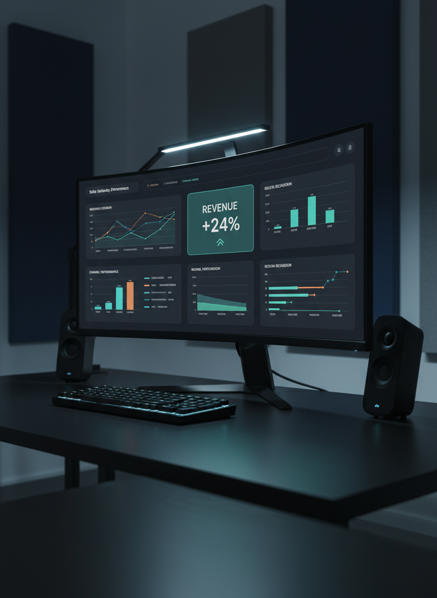 An ultra-wide curved monitor on a matte black desk displaying a sophisticated sales and marketing performance dashboard with multiple panels: a time-series line chart, segmented bar charts, and a central KPI tile glowing subtly in teal. Surrounding the monitor are two minimalist, black wireless speakers and a slim, low-profile keyboard. The background features a dim, modern workspace with geometric acoustic panels in charcoal and navy, softly blurred. Focused, cool-toned LED task lighting illuminates the monitor and desk surface, casting sharp, professional shadows and reflections on the desk. The mood is focused and strategic, in photographic realism, shot from a low, slightly off-center angle to make the dashboard feel immersive and powerful, emphasizing precision in data-driven decision-making.