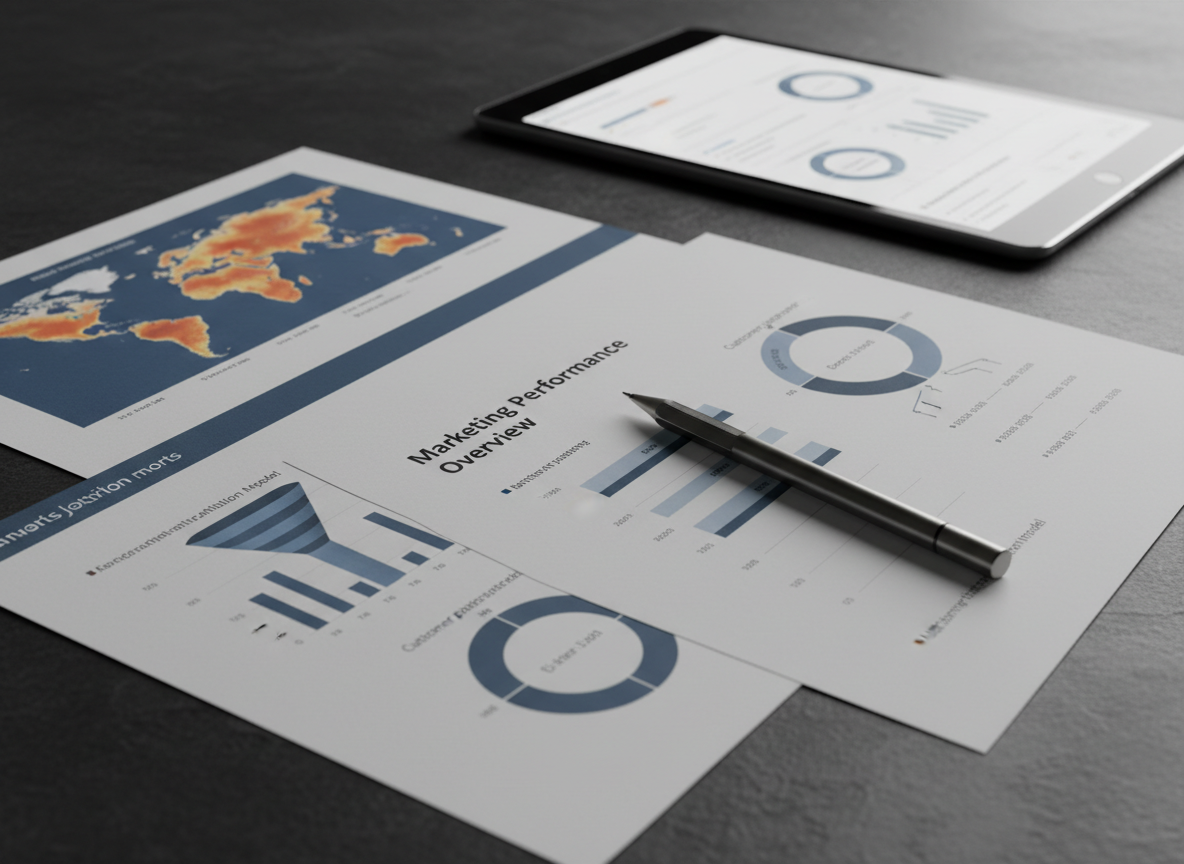 A refined, dark slate tabletop covered with carefully arranged printed analytics reports: heatmaps, funnel charts, customer journey diagrams, and marketing attribution models in muted blues and oranges. A single high-end graphite mechanical pencil lies diagonally across a neatly stacked report labeled “Marketing Performance Overview.” In the background, a slightly out-of-focus, ultra-thin metallic tablet shows a matching digital dashboard. Soft overhead studio lighting and a subtle side light create crisp, professional shadows and delicate highlights along the paper edges and pencil barrel. Photographic realism with a calm, analytical atmosphere, composed using the rule of thirds from a slightly elevated angle, emphasizing the harmony between physical documents and digital insights in a modern BI workflow.